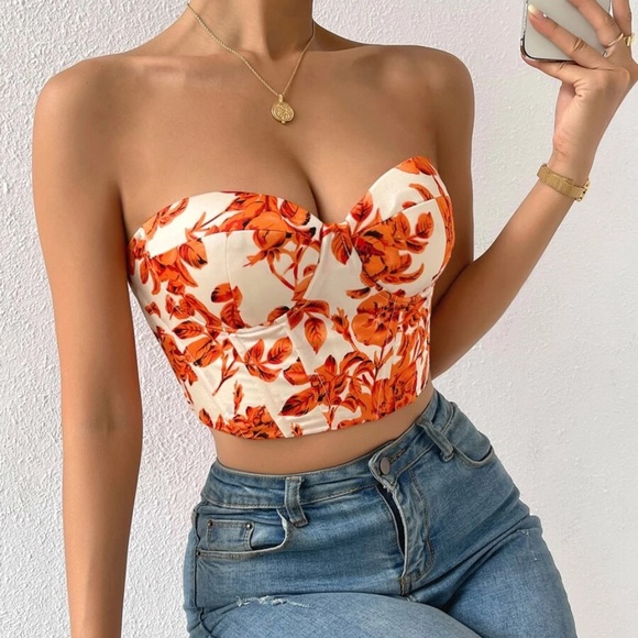 Boho floral print lace up back satin bustier corset tube top - Picture 7 of 11